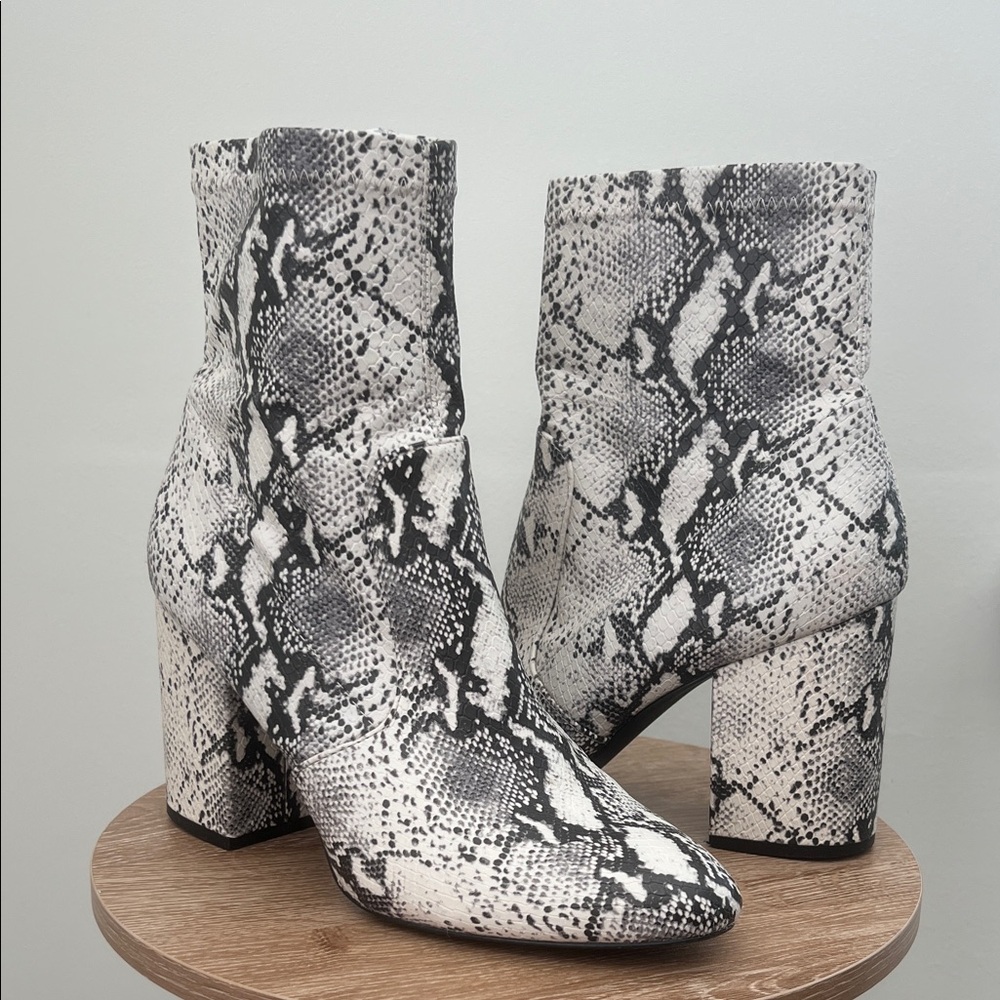Madden Girl Black and White Snakeskin Heeled MidCalf Boots